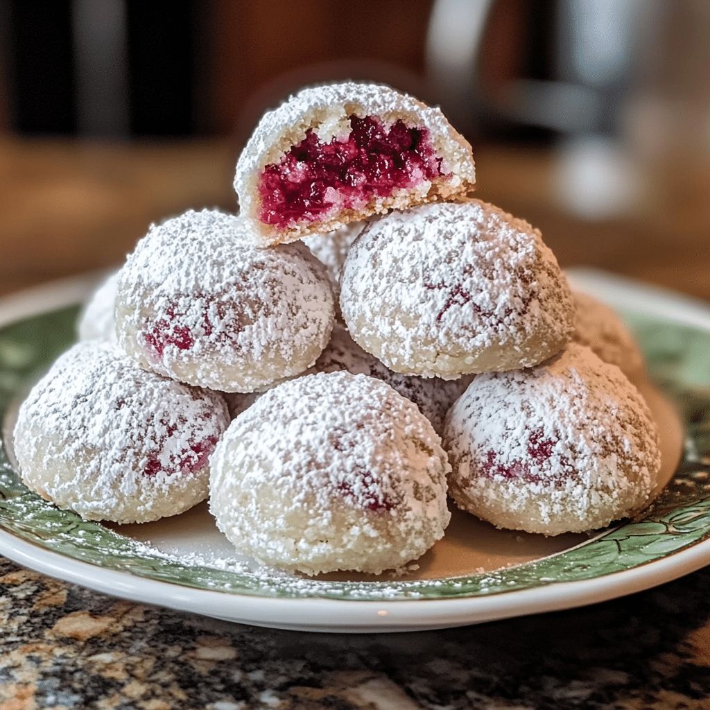 Raspberry Filled Almond Snowball Cookies
